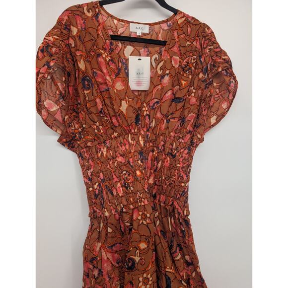 NWT A.L.C. Lucia Smocked V-Neck Midi Dress Size 10 Bronze Multicolor 1B460 - Picture 5 of 10